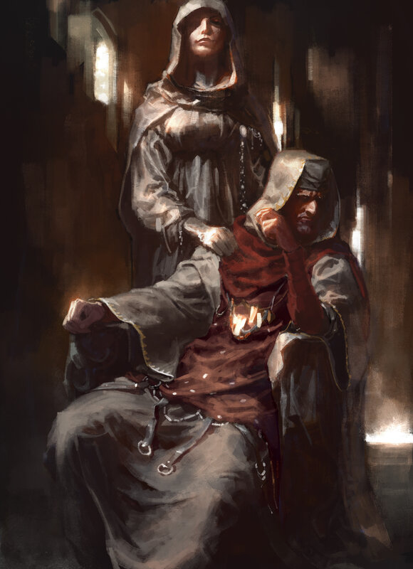 Two Robed Figures in Dim Light