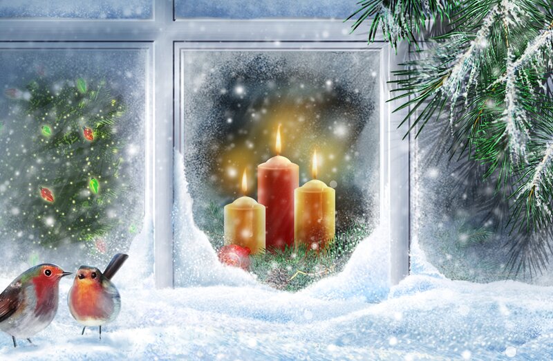 Two Robins in Snow — White, Peaceful