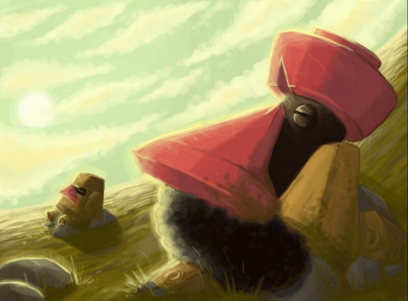 Two Robot Figures — Green, Serene