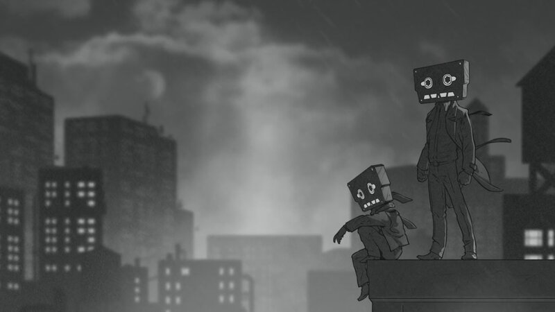 Two Robot Figures on Rooftop