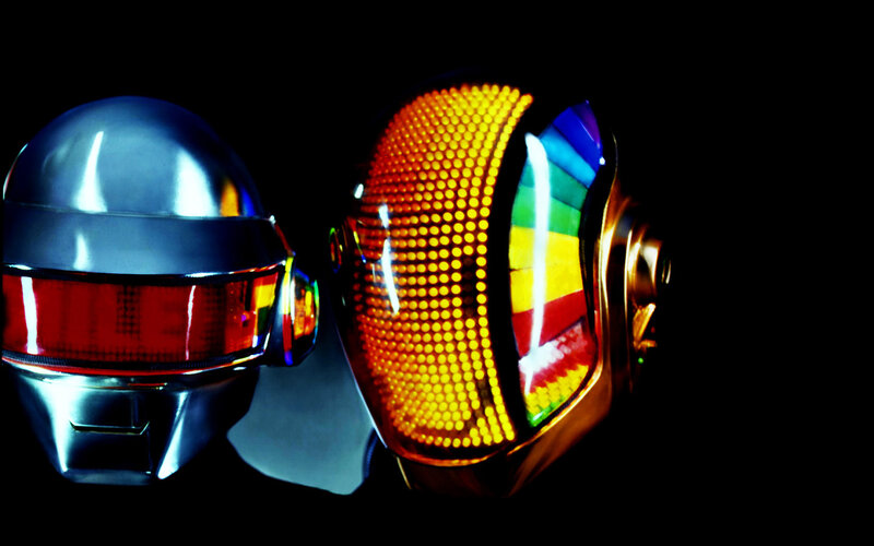 Two Robot Helmets — Black, Dramatic, Photograph, Lights, Dark Background