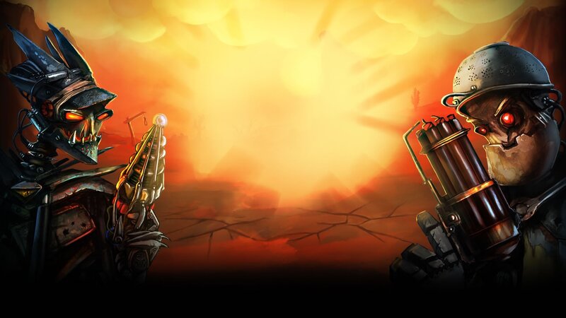 Two Robotic Figures Facing — Orange