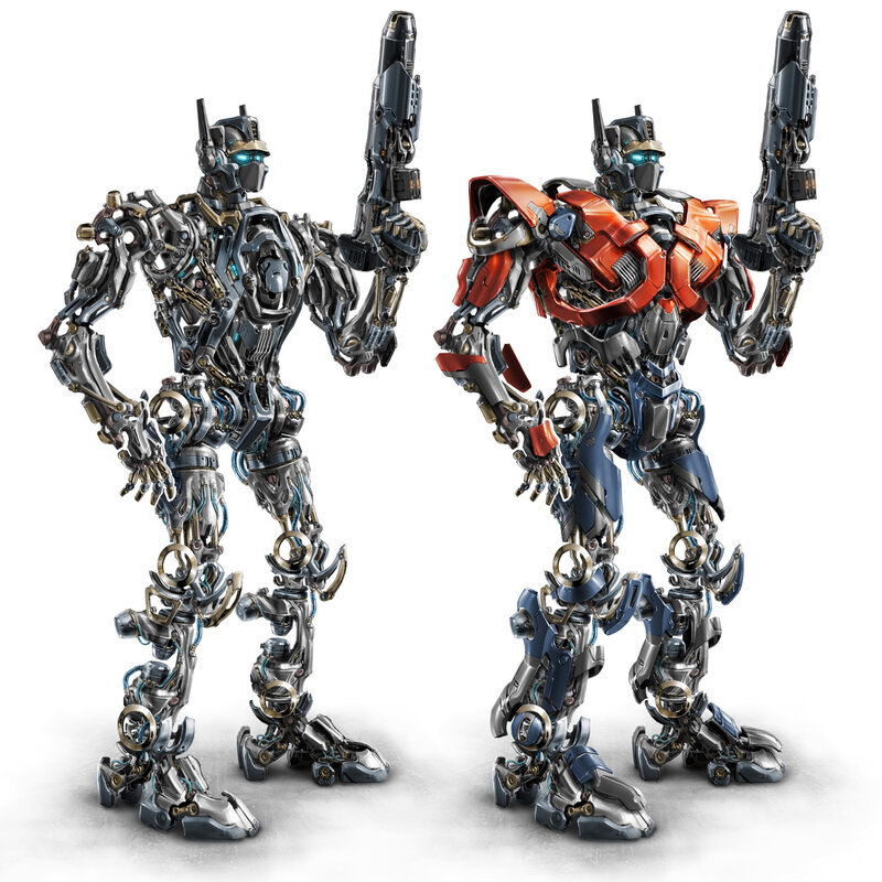 Two robotic figures holding weapons