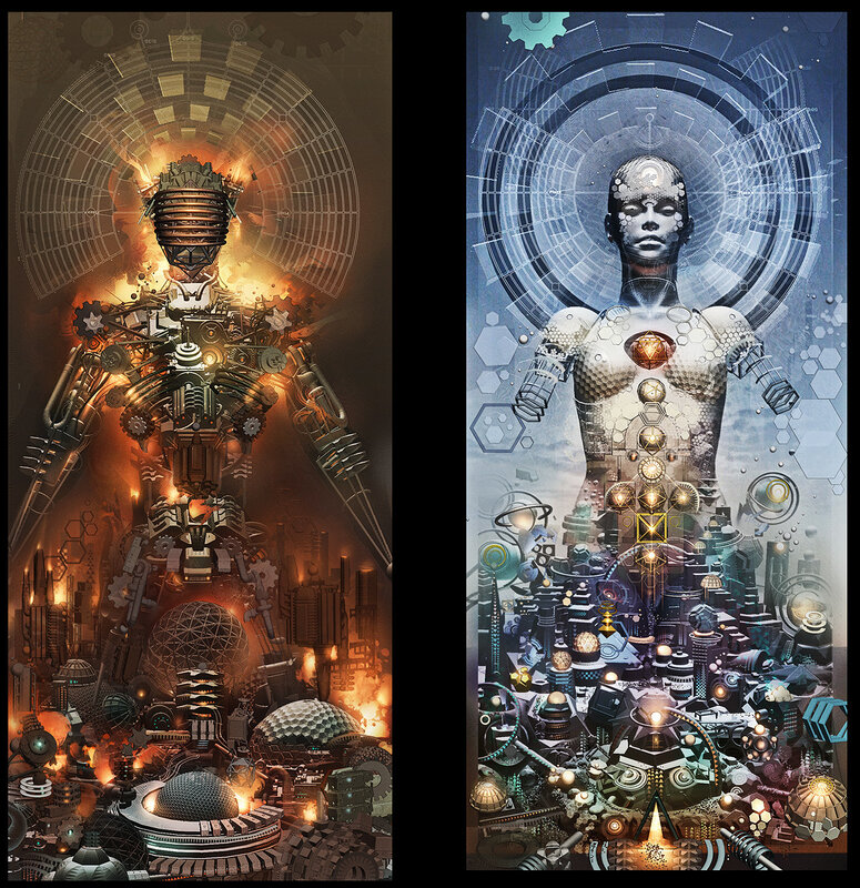 Two robotic figures in a city