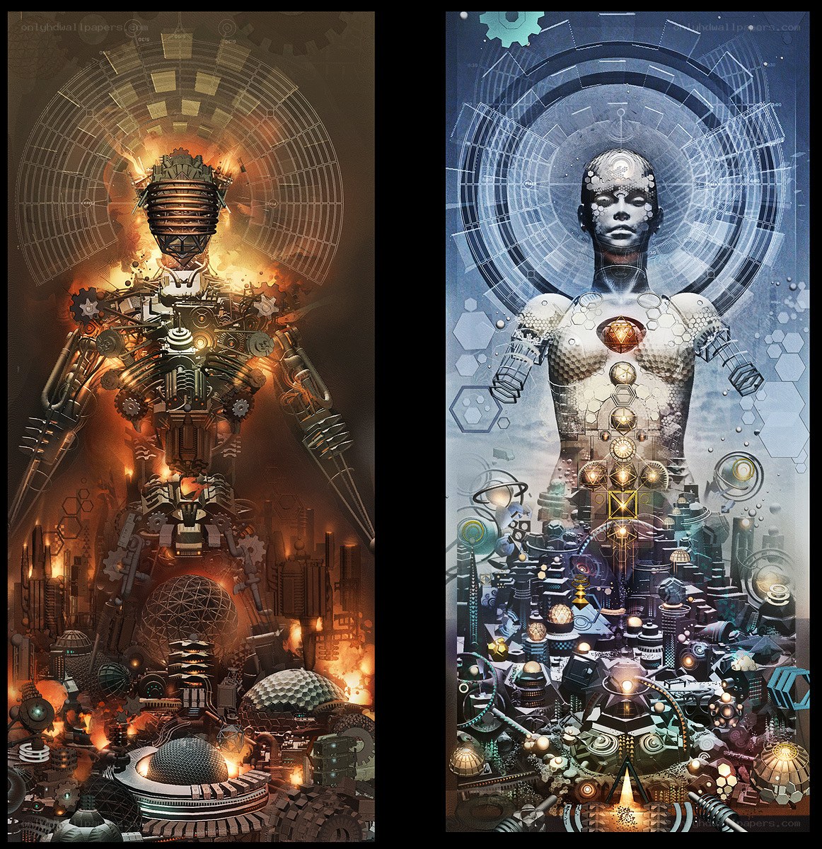 Two robotic figures in a city
