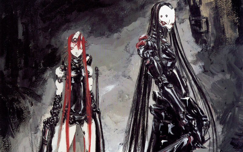 two robotic figures in dark setting