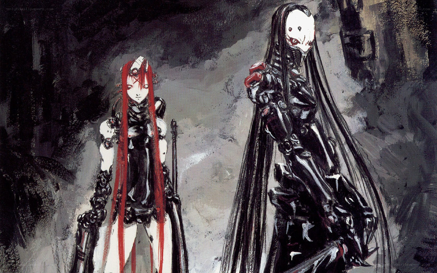 two robotic figures in dark setting