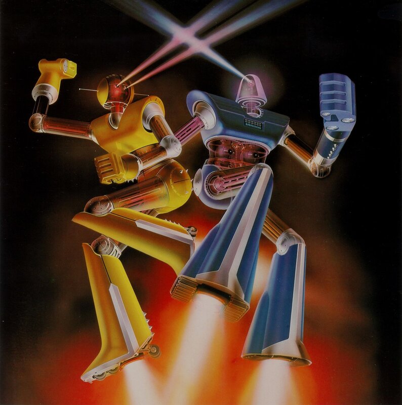 Two Robots Fighting — Blue, Dramatic, Night