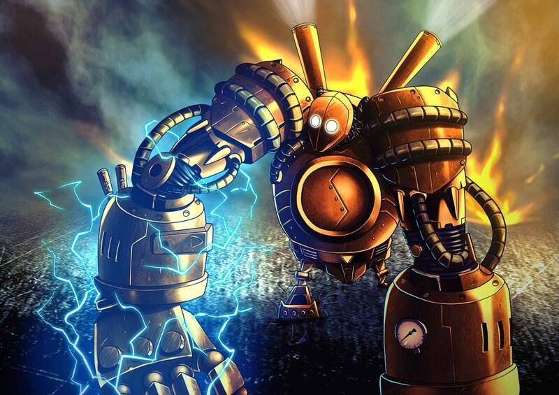 Two Robots Fighting — Orange, Dramatic
