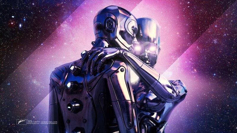Two Robots Hugging — Purple