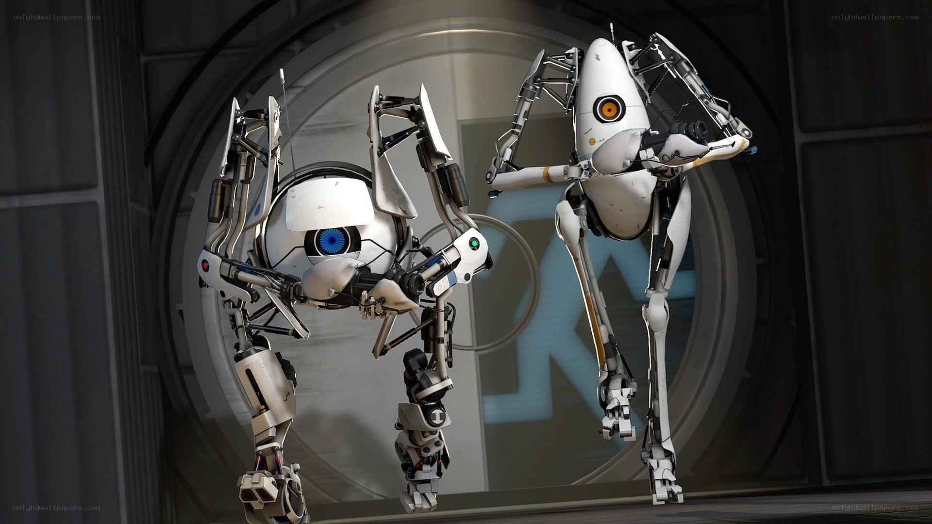 two robots in a sci-fi corridor