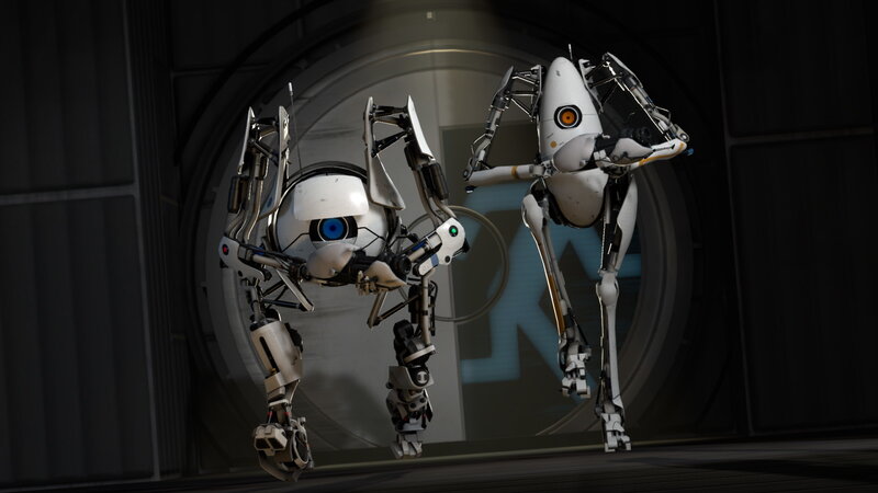 Two Robots in Corridor — White, Dramatic, 3d Render