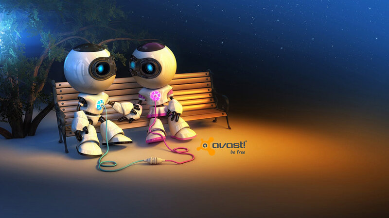 Two Robots on Bench — Blue, Serene, Night, 3d Render