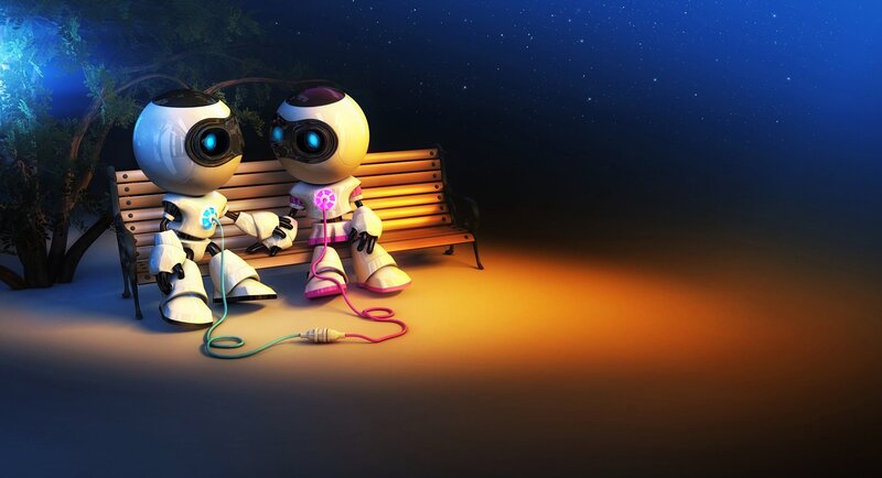 Two Robots on Bench — Blue, Serene, Night, 3d Render, Tree, Night Sky