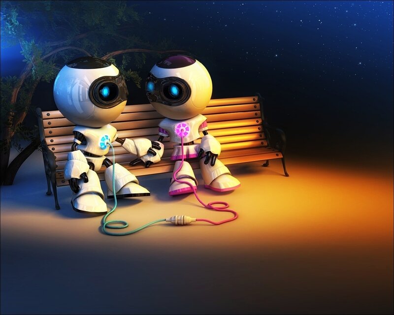 Two Robots on Bench — Blue, Serene, Night