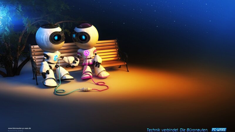 Two Robots on Bench — Blue, Serene