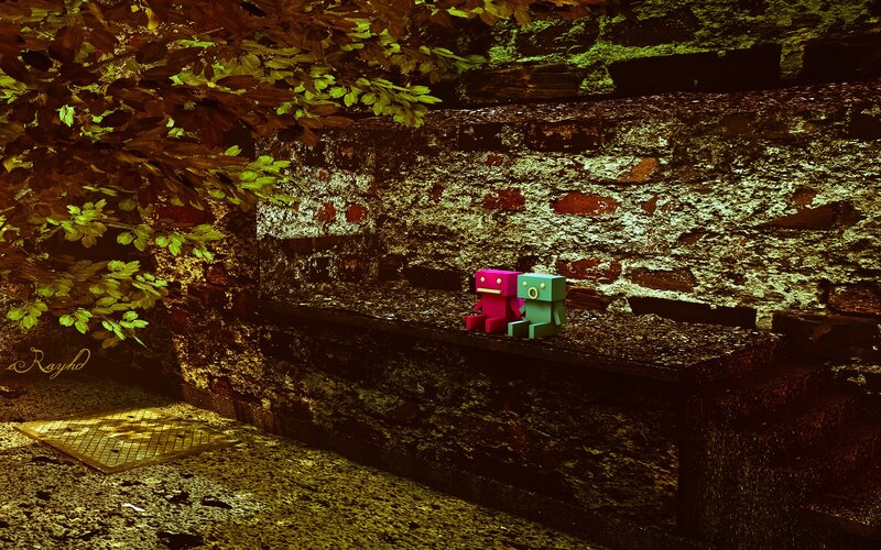 Two Robots on Bench — Green