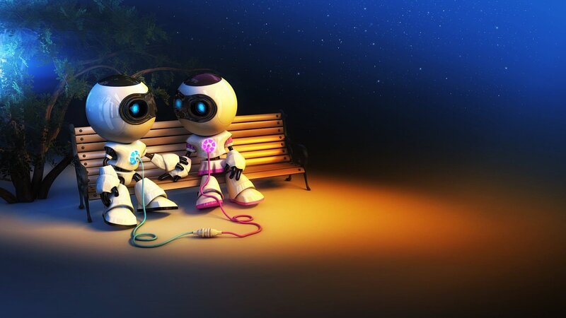 Two Robots on Bench — Serene