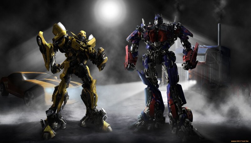 Two Robots Standing — Yellow, Dramatic, Night