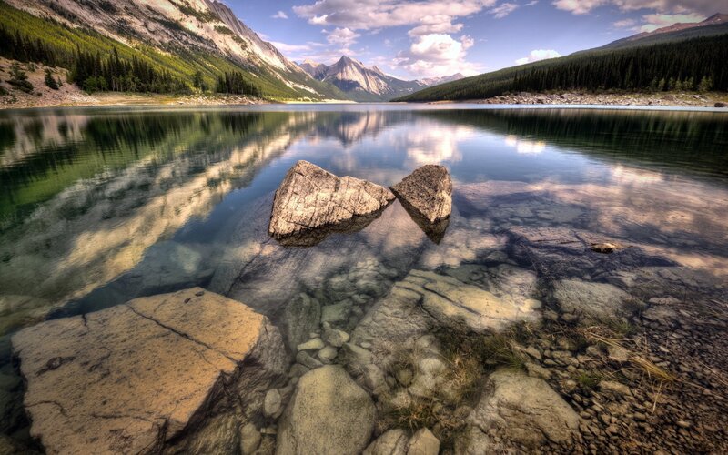 Two Rocks in Lake — Blue, Serene
