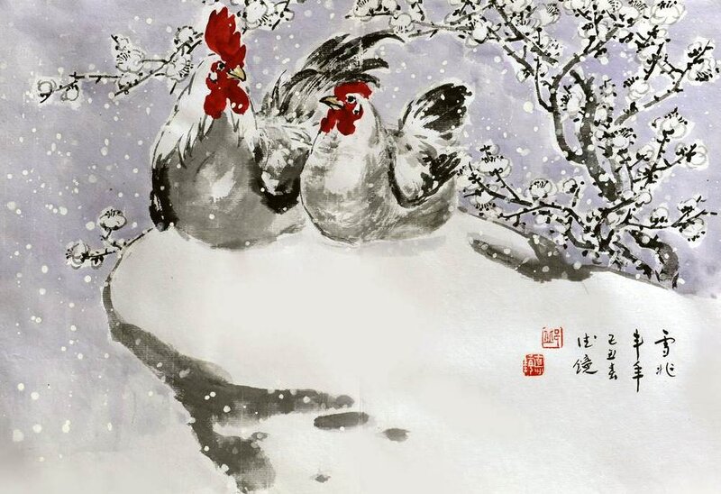Two Roosters in Snow