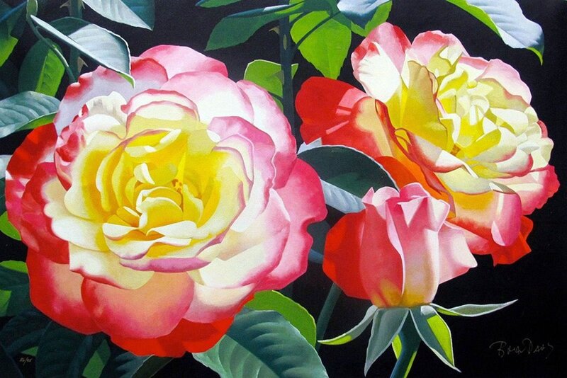 Two Roses with Green Leaves — Red