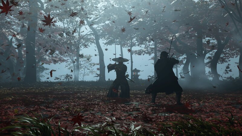 Two Samurai in Forest — Red, Dramatic, Autumn