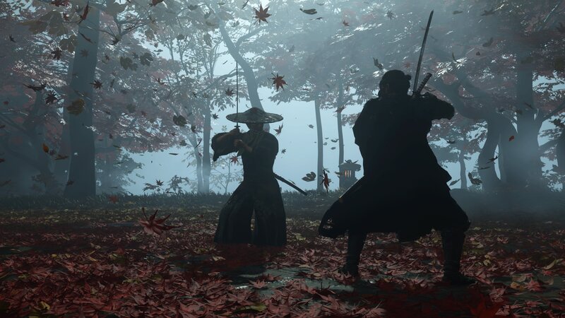 Two Samurai in Forest — Red, Dramatic