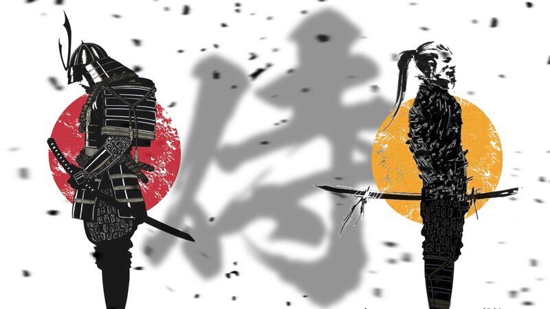Two Samurai Warriors — Black, Dramatic, Digital Art