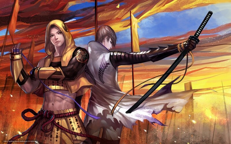 Two Samurai Warriors — Orange, Dramatic, Sunset, Digital Art