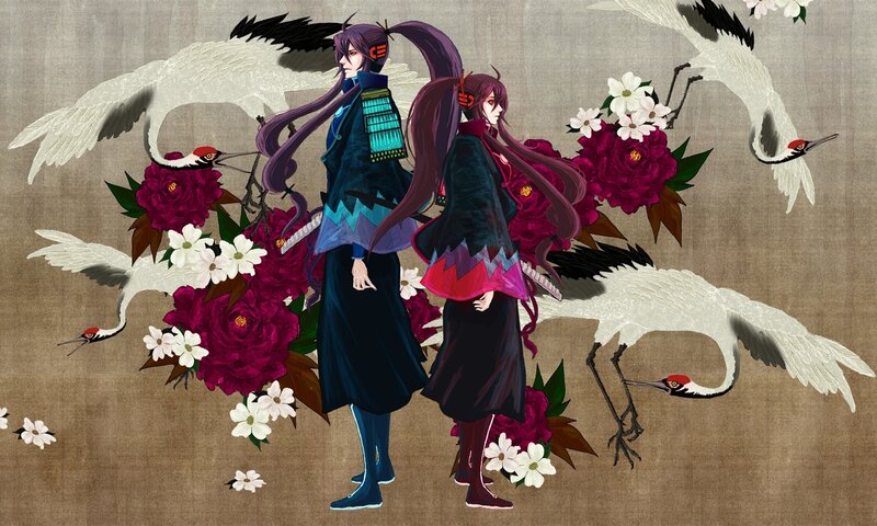 Two samurai with cranes and flowers