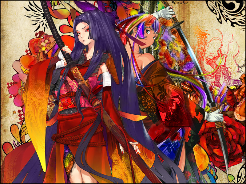 Two samurai women with swords