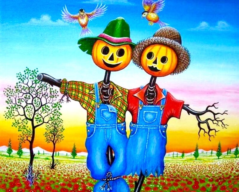 Two Scarecrows in Field
