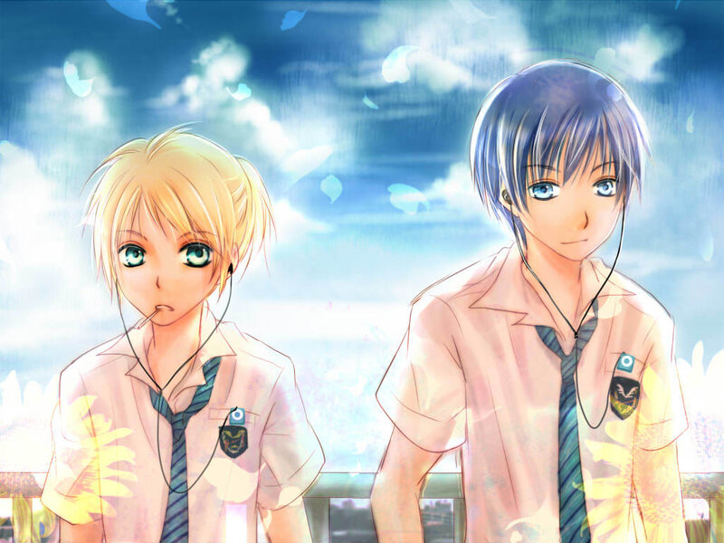 Two schoolboys with earphones