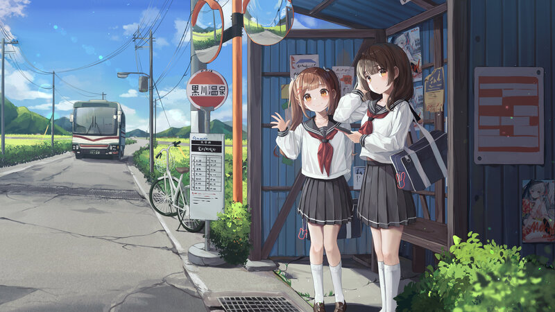 Two Schoolgirls at Bus Stop — Blue