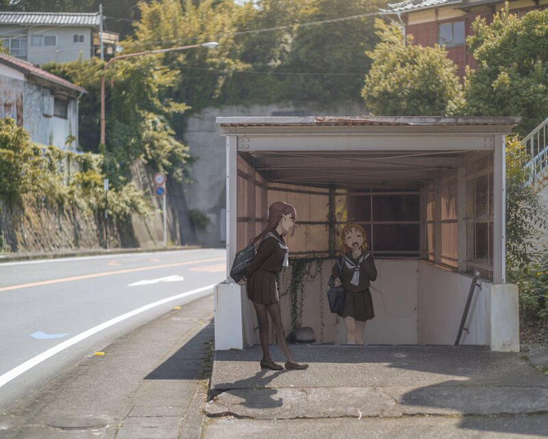 Two Schoolgirls at Bus Stop — Brown
