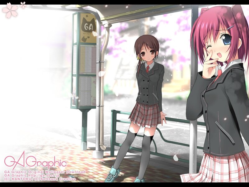 Two Schoolgirls at Bus Stop — Pink