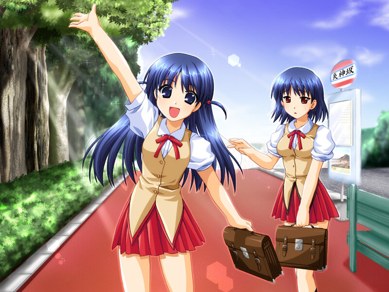Two Schoolgirls at Bus Stop