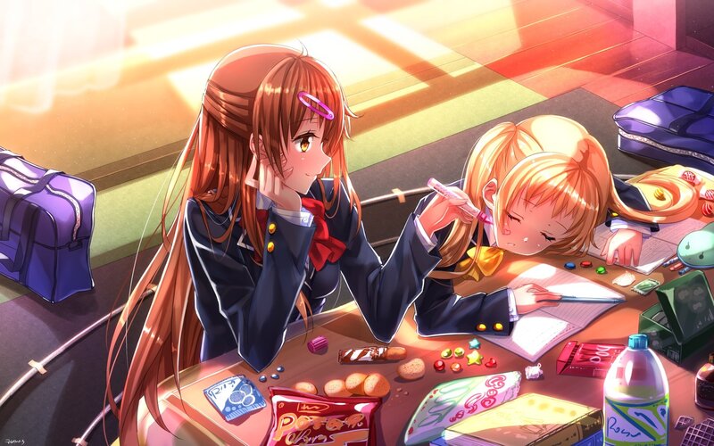 Two Schoolgirls at Table — Orange