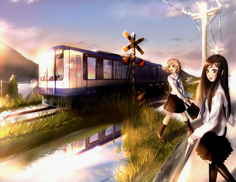 Two Schoolgirls at Train Crossing