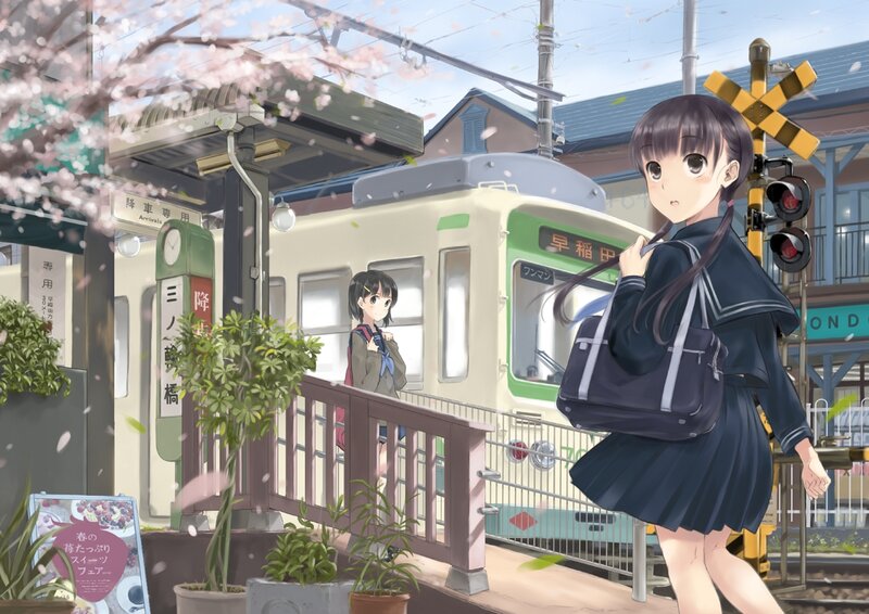Two Schoolgirls at Train Station — Blue
