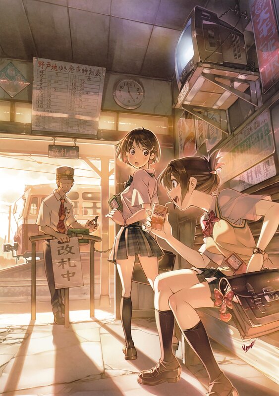 Two Schoolgirls at Train Station — Orange