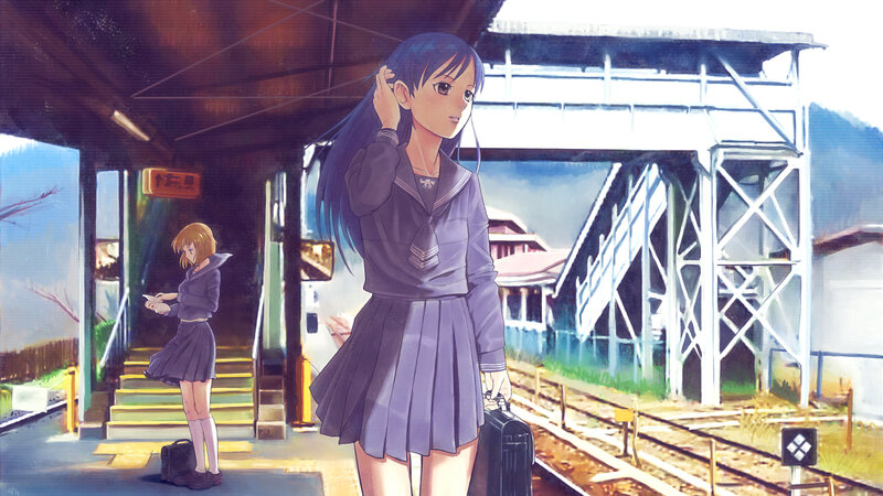 Two Schoolgirls at Train Station