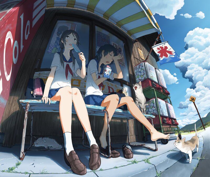 Two Schoolgirls Eating Ice Cream — Blue