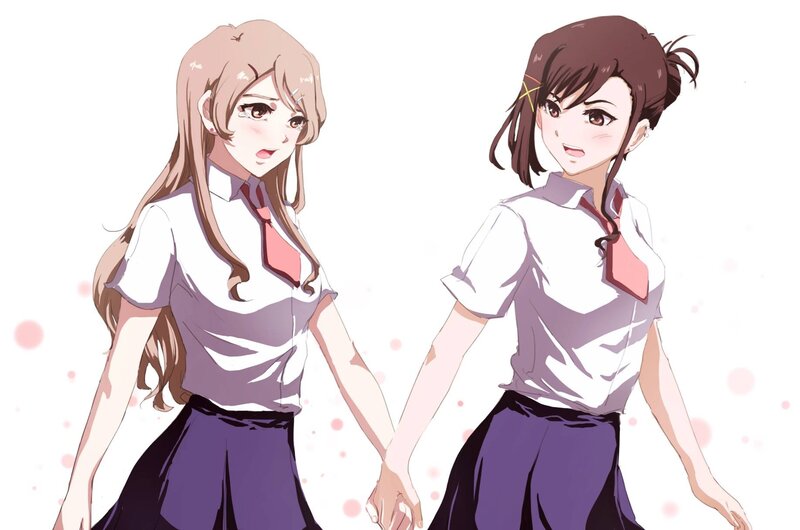 Two Schoolgirls Holding Hands — White, Cheerful