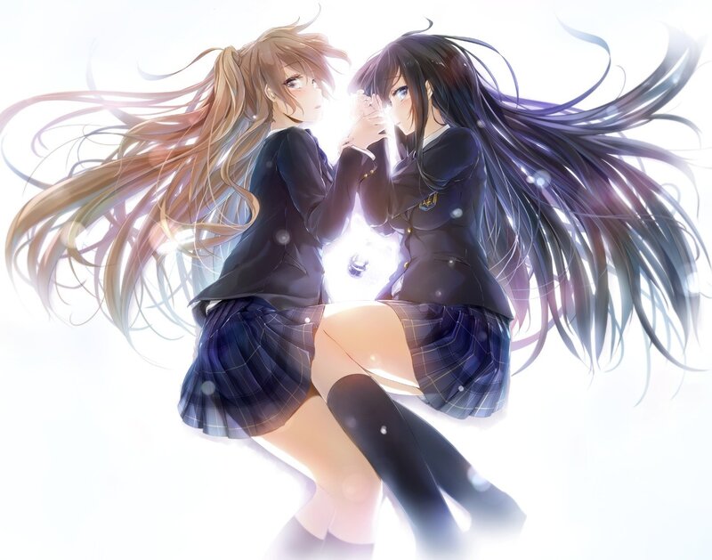 Two Schoolgirls Holding Hands — White