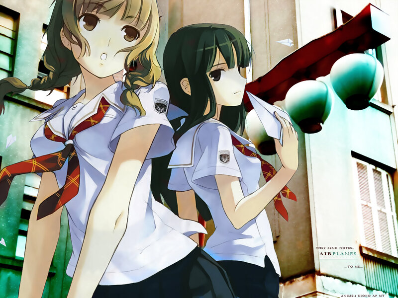 Two Schoolgirls Holding Paper Planes