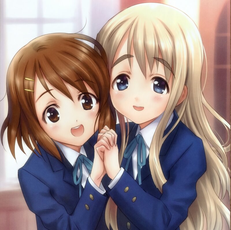 Two Schoolgirls Hugging — Blue, Cheerful