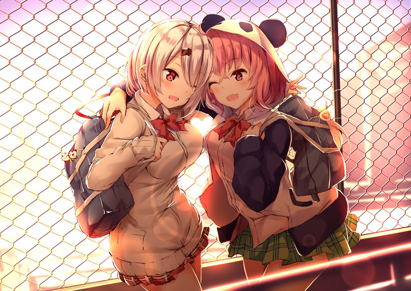 Two Schoolgirls Hugging — Pink, Warm, Sunset