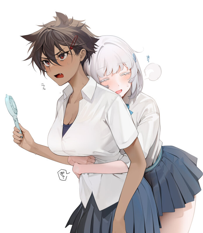 Two Schoolgirls Hugging — White, Playful